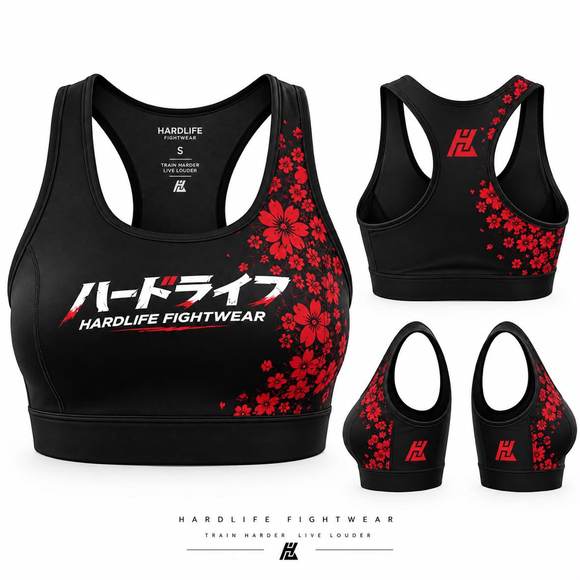 Black Sakura Bra with red floral print, front and back views