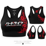 Black Sakura Bra with red floral print, front and back views