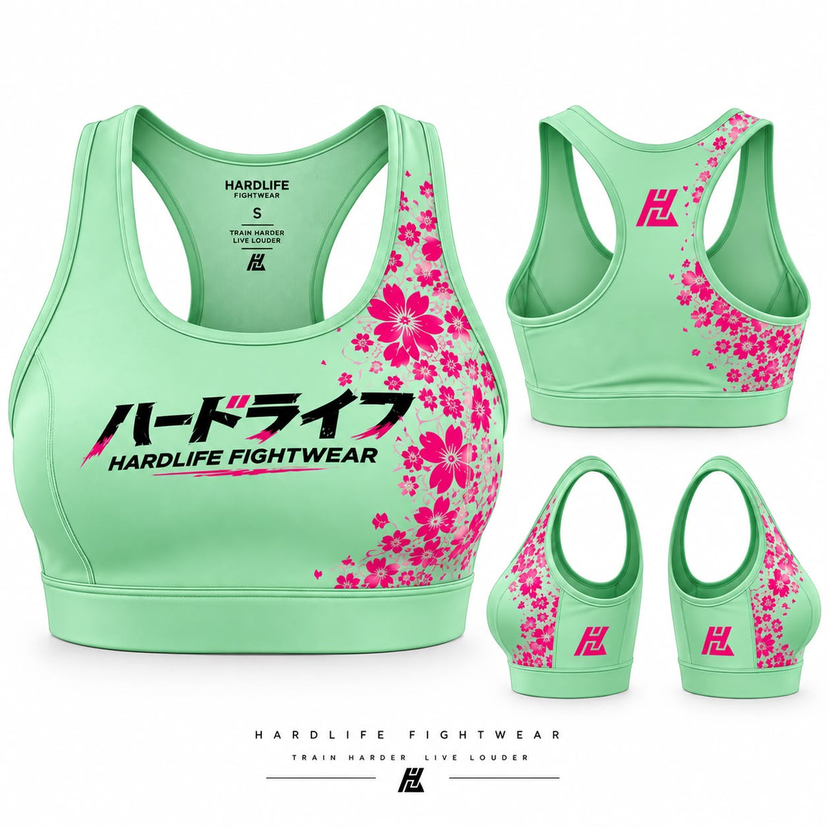 Green Sakura Sports Bra with pink floral print, front and back views