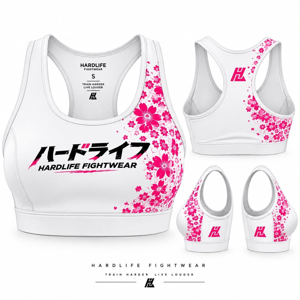 White Sakura Bra with pink floral print, front and back views