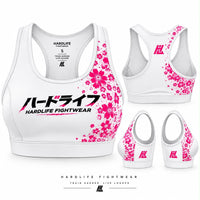 White Sakura Bra with pink floral print, front and back views
