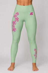 Green Sakura Leggings with pink floral print