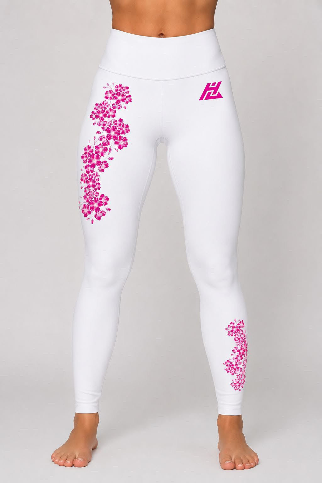 White Sakura Leggings with pink floral print