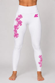 White Sakura Leggings with pink floral print