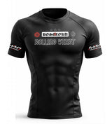 Black BJJ rash guard with rolling start branding on a white background