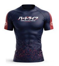 Navy blue and red BJJ rashguard with 'Hardlife Fightwear' logo on a white background