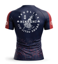 Navy blue and red jiu-jitsu shirt with 'HIKESHI' branding on a white background