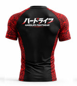 Black and red BJJ rashguard with 'Hardlife Fightwear' branding on a white background